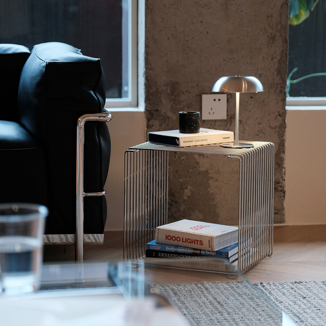Minimalist steel side table panton wire material variants.