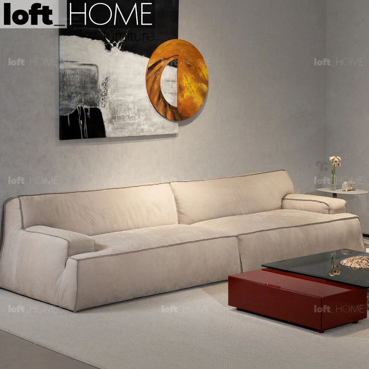 Minimalist suede fabric 3 seater sofa damasco in panoramic view.