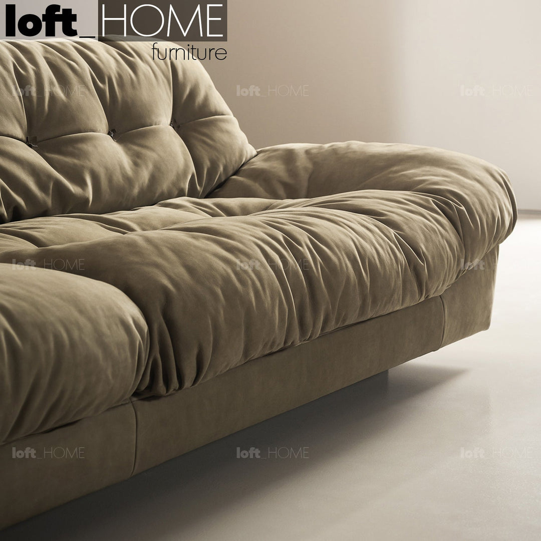 Minimalist suede fabric 4 seater sofa milano in close up details.