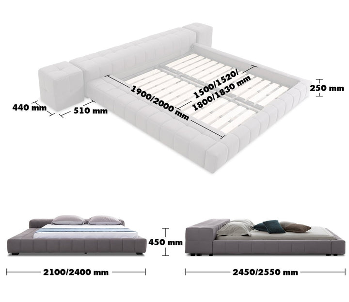 Minimalist suede fabric bed squaring size charts.