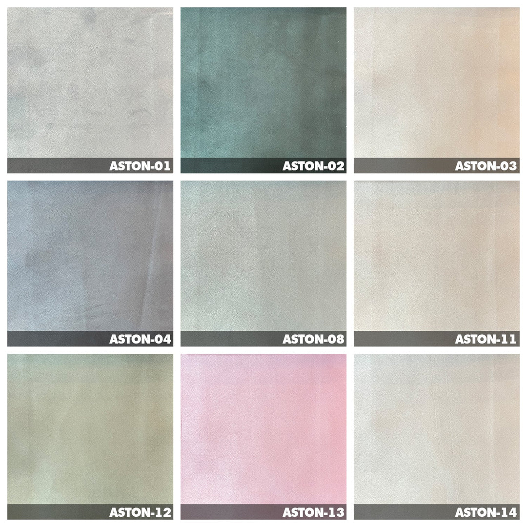 Minimalist suede fabric bed squaring color swatches.