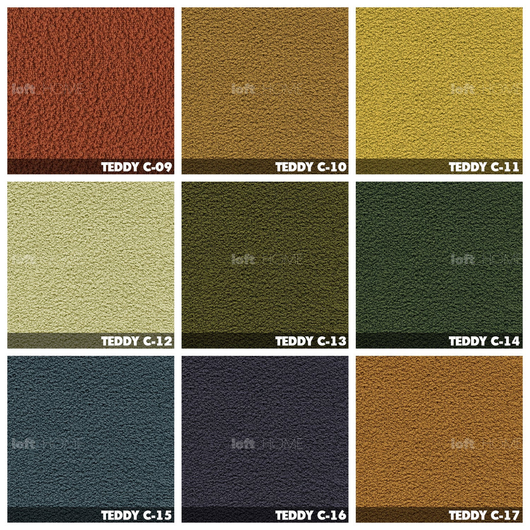 Minimalist teddy fabric 1 seater sofa marenco material variants.