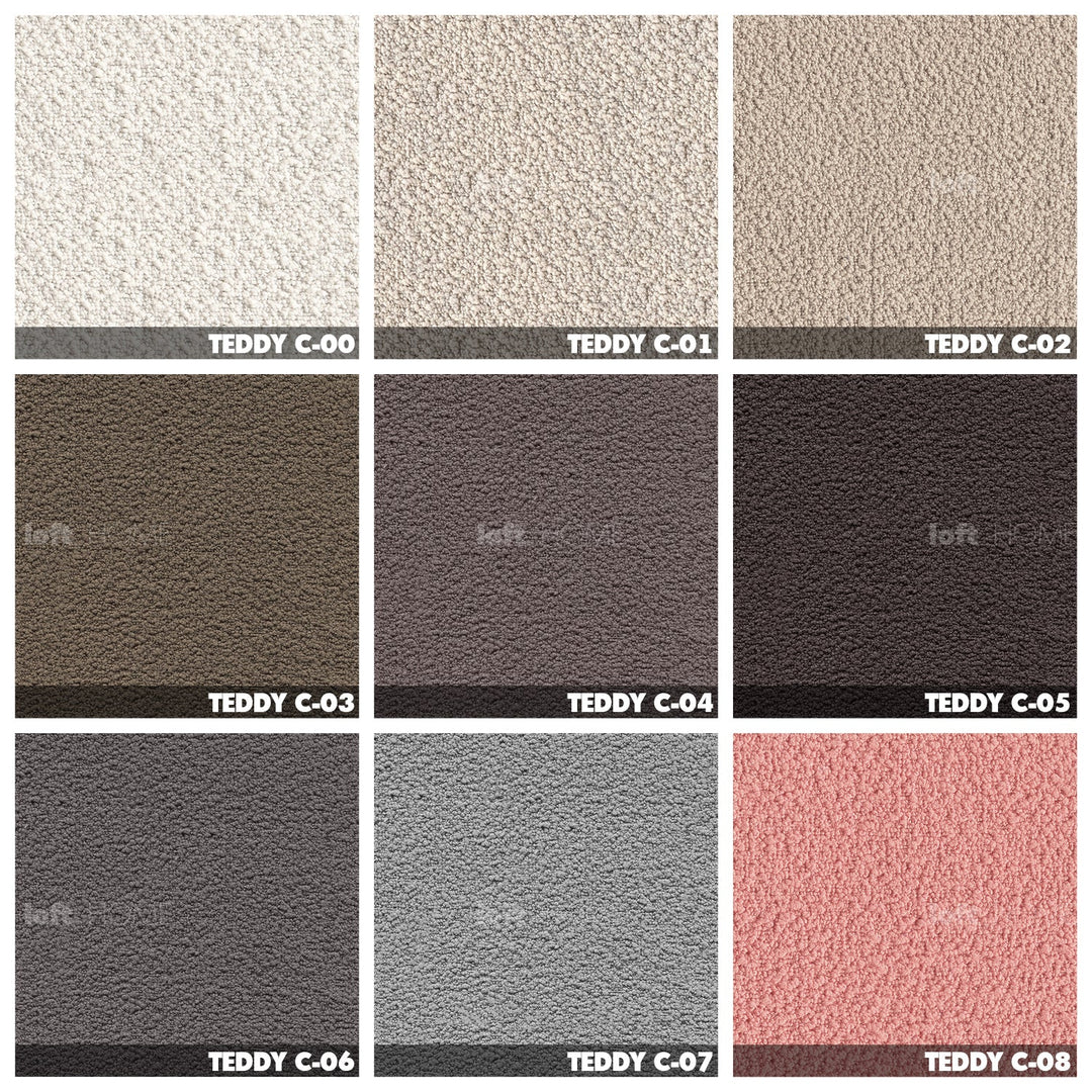 Minimalist teddy fabric 1 seater sofa marenco color swatches.