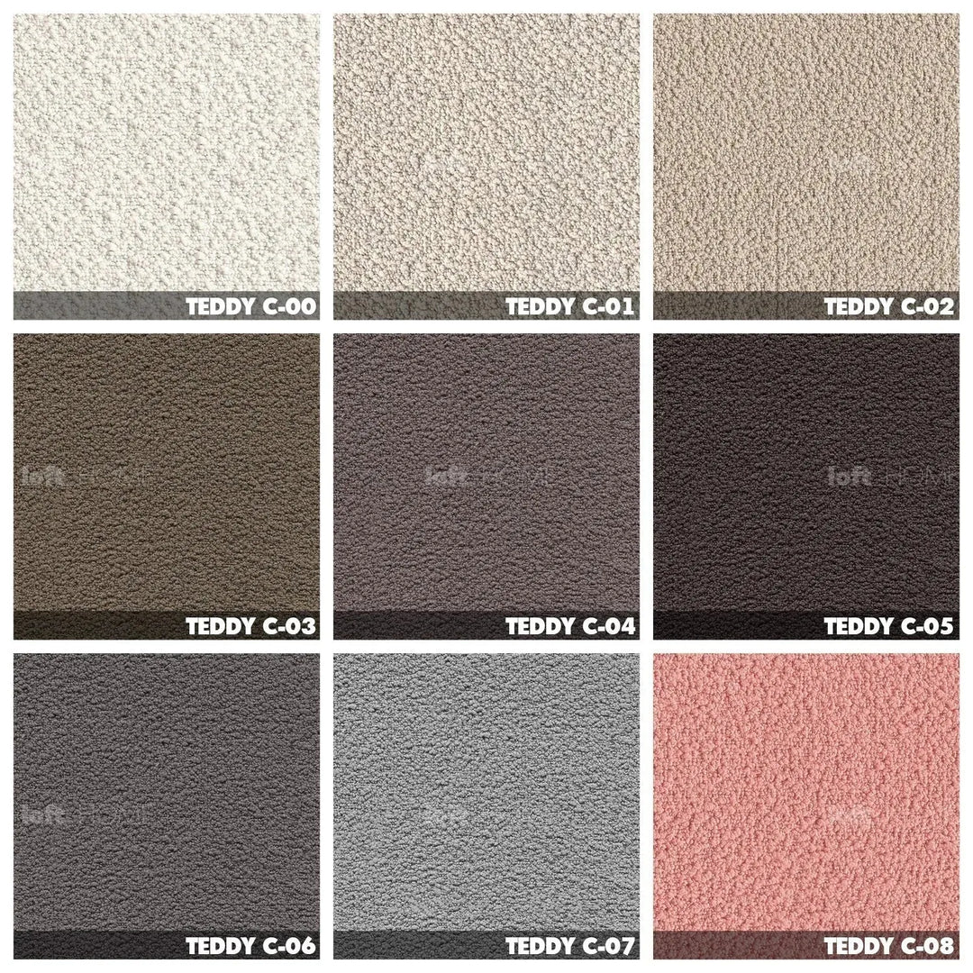 Minimalist teddy fabric 4 seater sofa marenco color swatches.