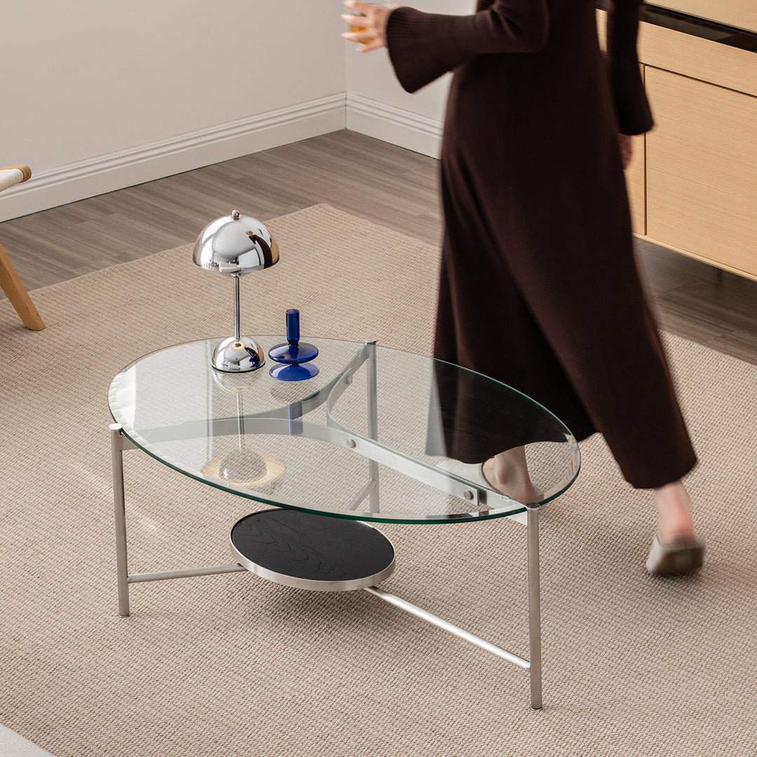 Minimalist tempered glass coffee table iceland in close up details.
