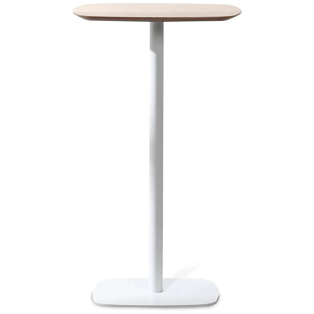 Minimalist wood bar table fane in white background.