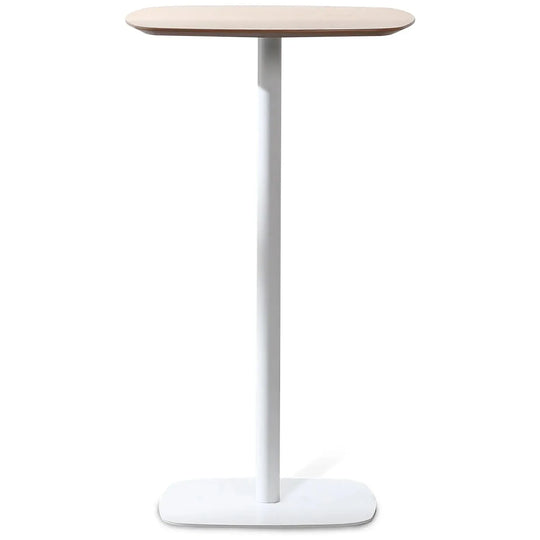 Minimalist wood bar table fane in white background.