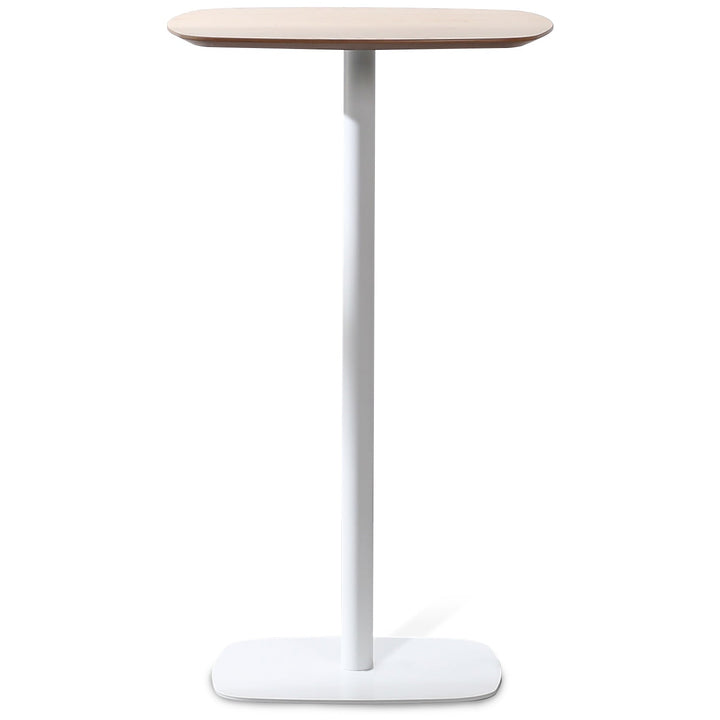 Minimalist wood bar table fane in white background.