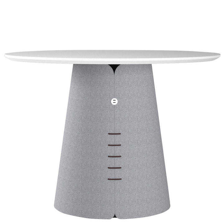 Minimalist wood round dining table collar in panoramic view.