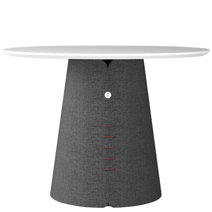 Minimalist wood round dining table collar in close up details.