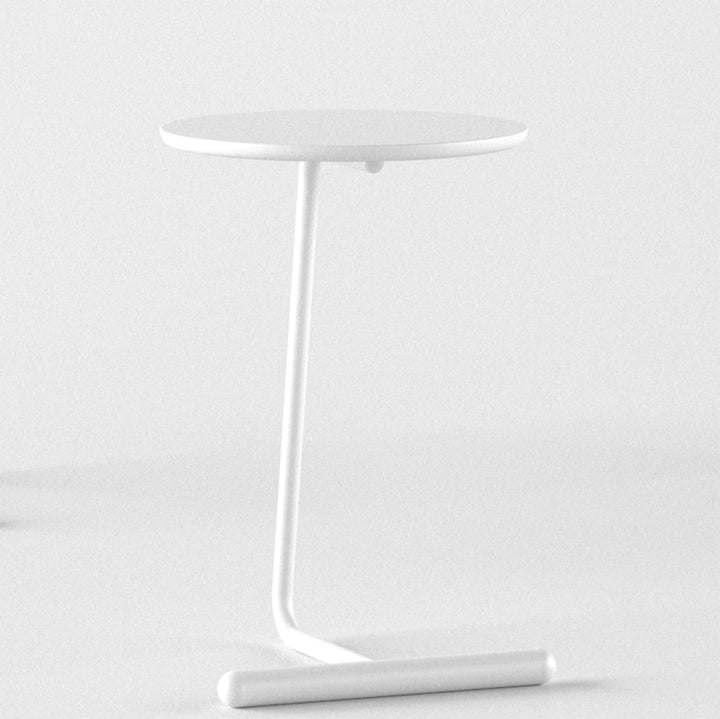 Minimalist wood side table origin in white background.