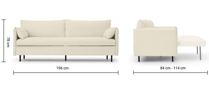 Modern boucle sofa bed hitomi whitewash size charts.