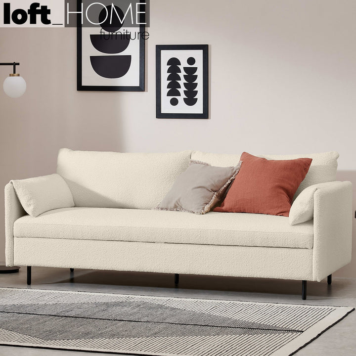 Modern boucle sofa bed hitomi whitewash in panoramic view.