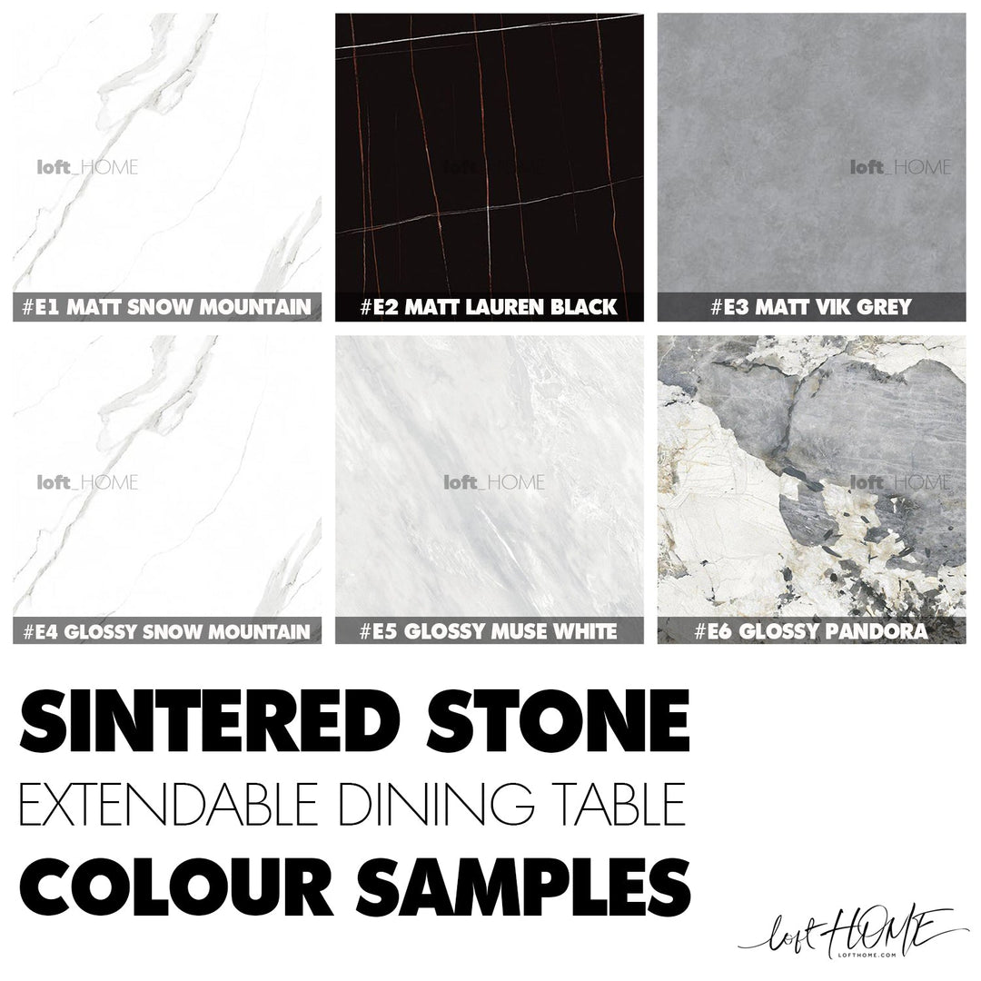 Modern extendable sintered stone dining table luvia color swatches.