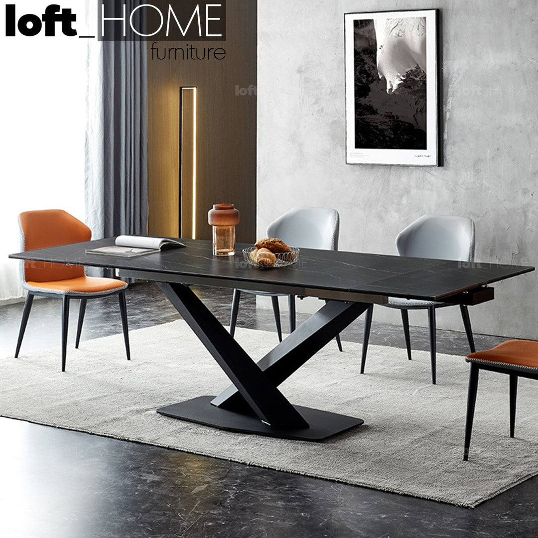 Modern extendable sintered stone dining table stratos in close up details.