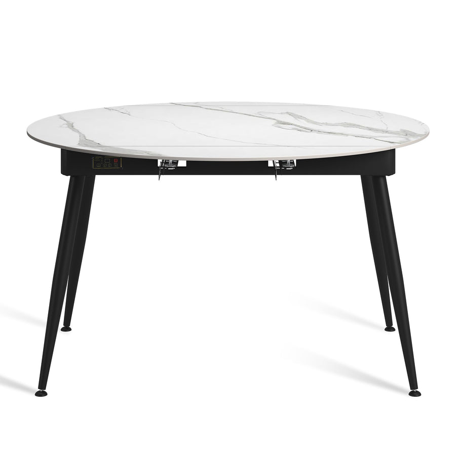 Modern extendable sintered stone round dining table kady in white background.