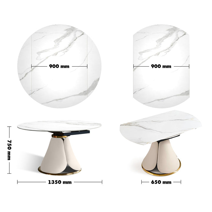 Modern extendable sintered stone round dining table petal size charts.
