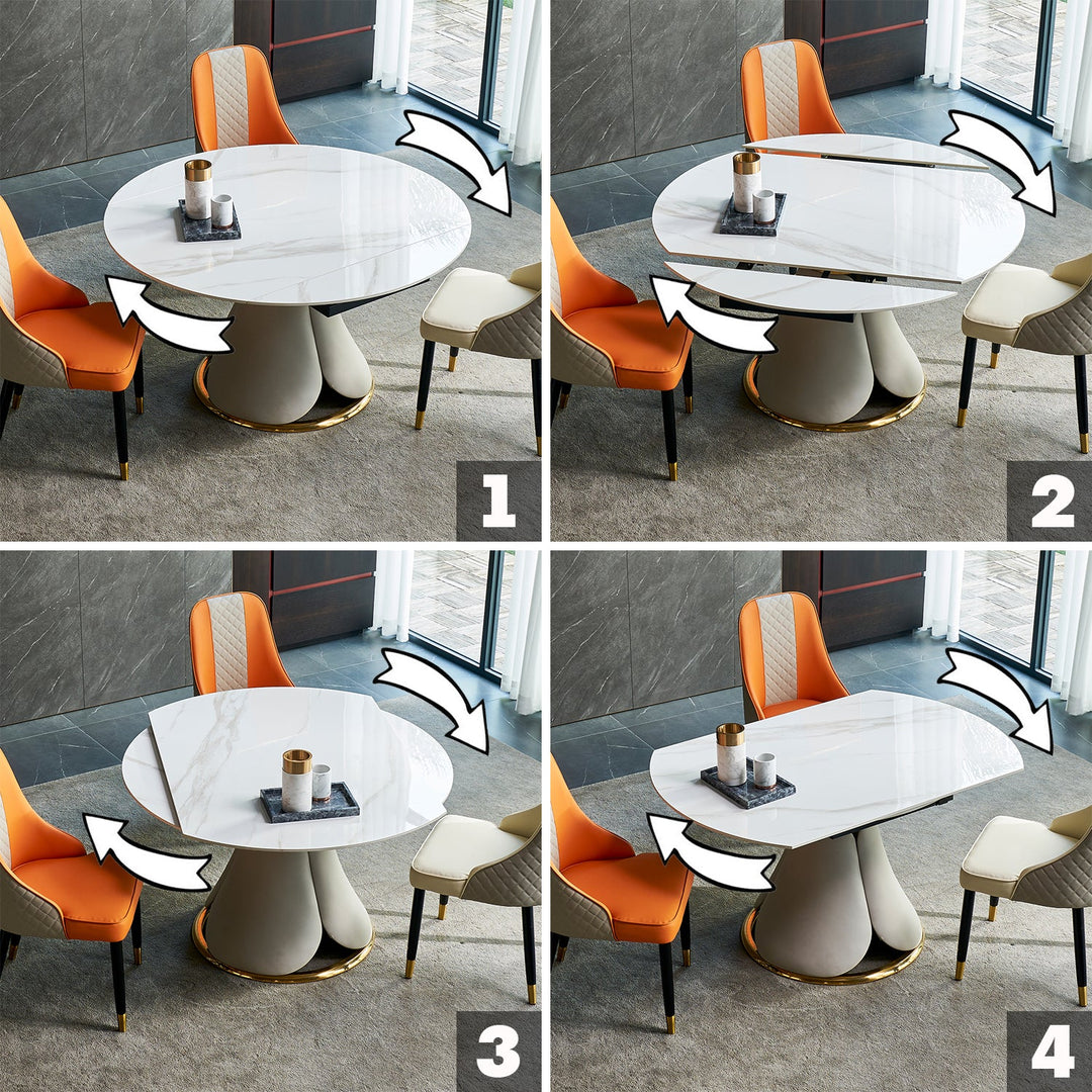 Modern extendable sintered stone round dining table petal in details.