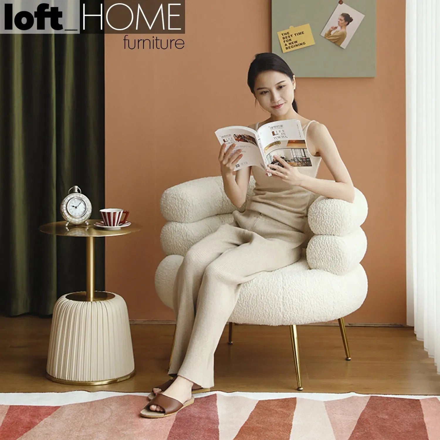 Cream fabric 1 seater sofa sheepskin material variants.