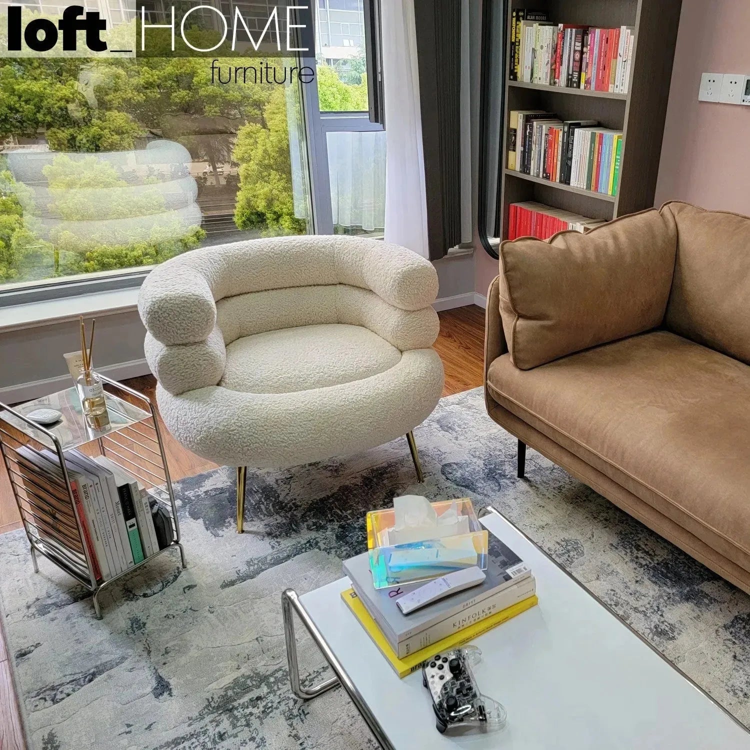 Cream fabric 1 seater sofa sheepskin situational feels.