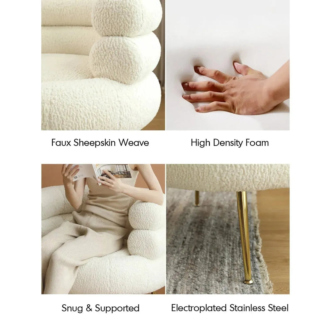 Cream fabric 1 seater sofa sheepskin in details.