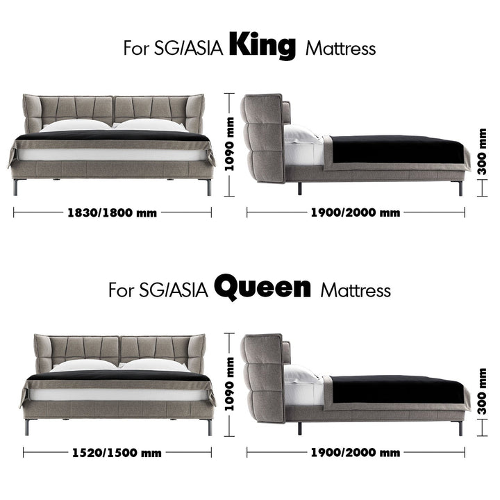 Modern fabric bed husk size charts.