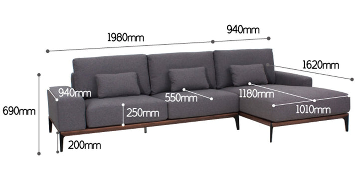 Modern fabric l shape sectional sofa dario 2+l size charts.
