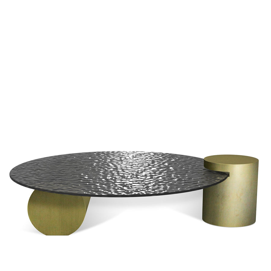 Modern fused glass coffee table verre particulier brass in white background.