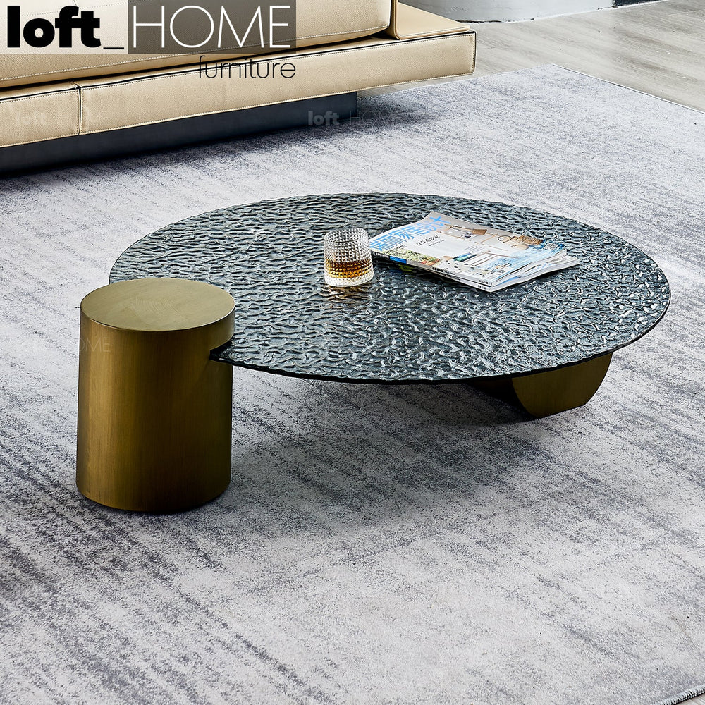 Modern fused glass coffee table verre particulier brass primary product view.