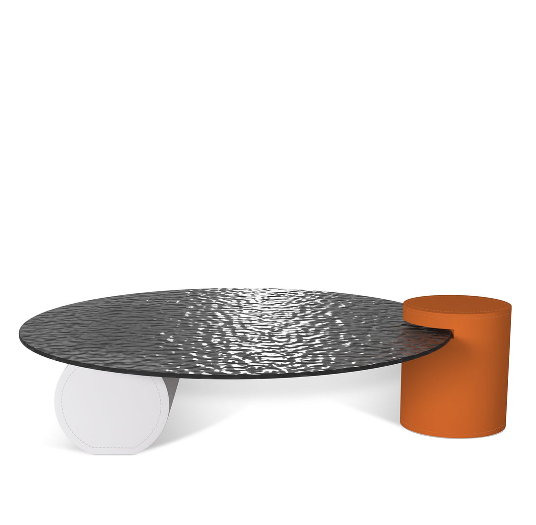 Modern fused glass coffee table verre particulier leather in white background.