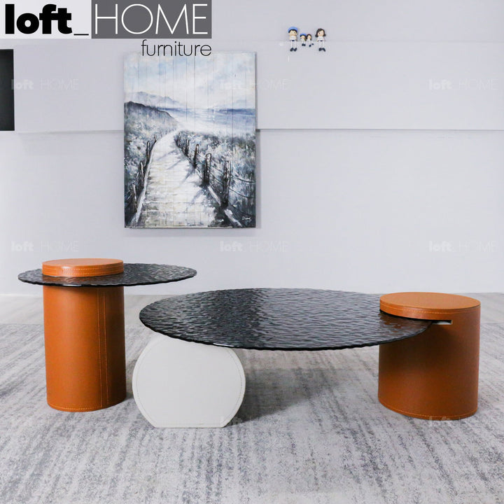 Modern fused glass coffee table verre particulier leather material variants.