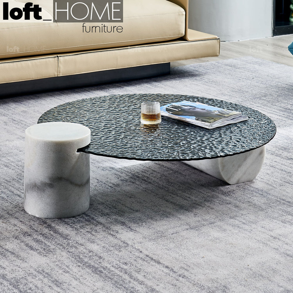 Modern fused glass coffee table verre particulier marble primary product view.