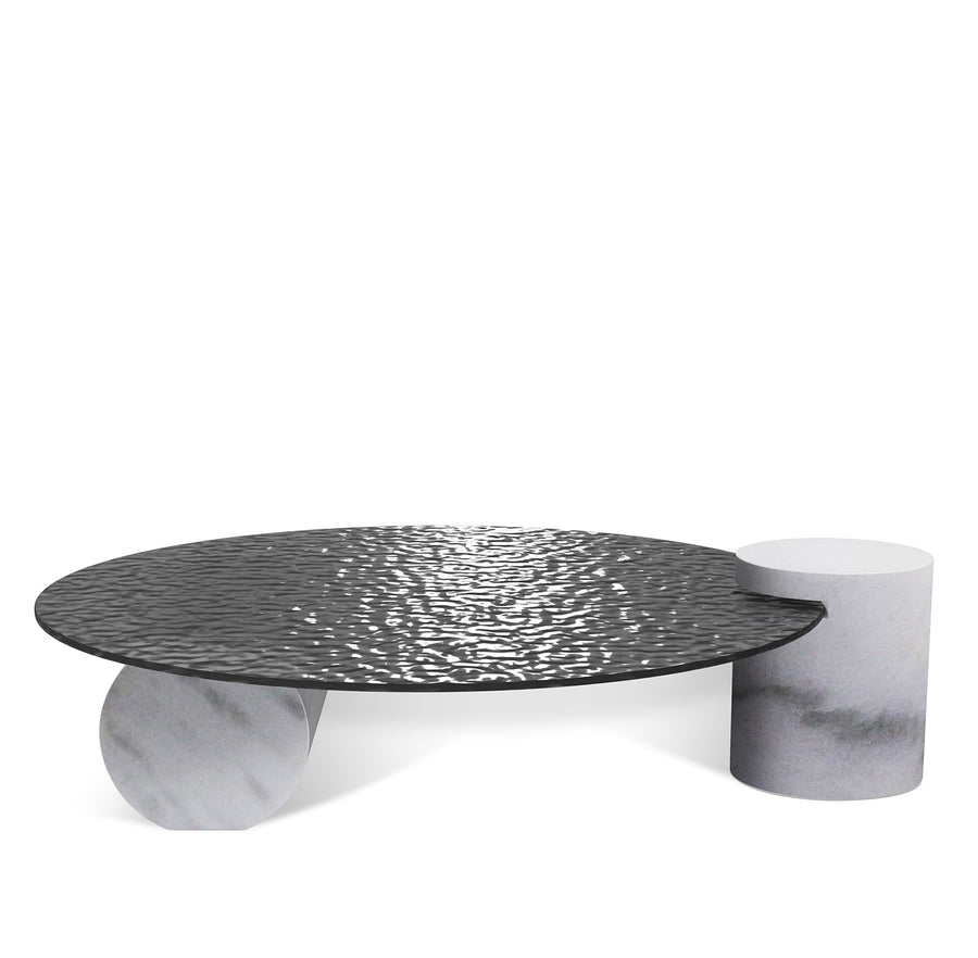 Modern fused glass coffee table verre particulier marble in white background.