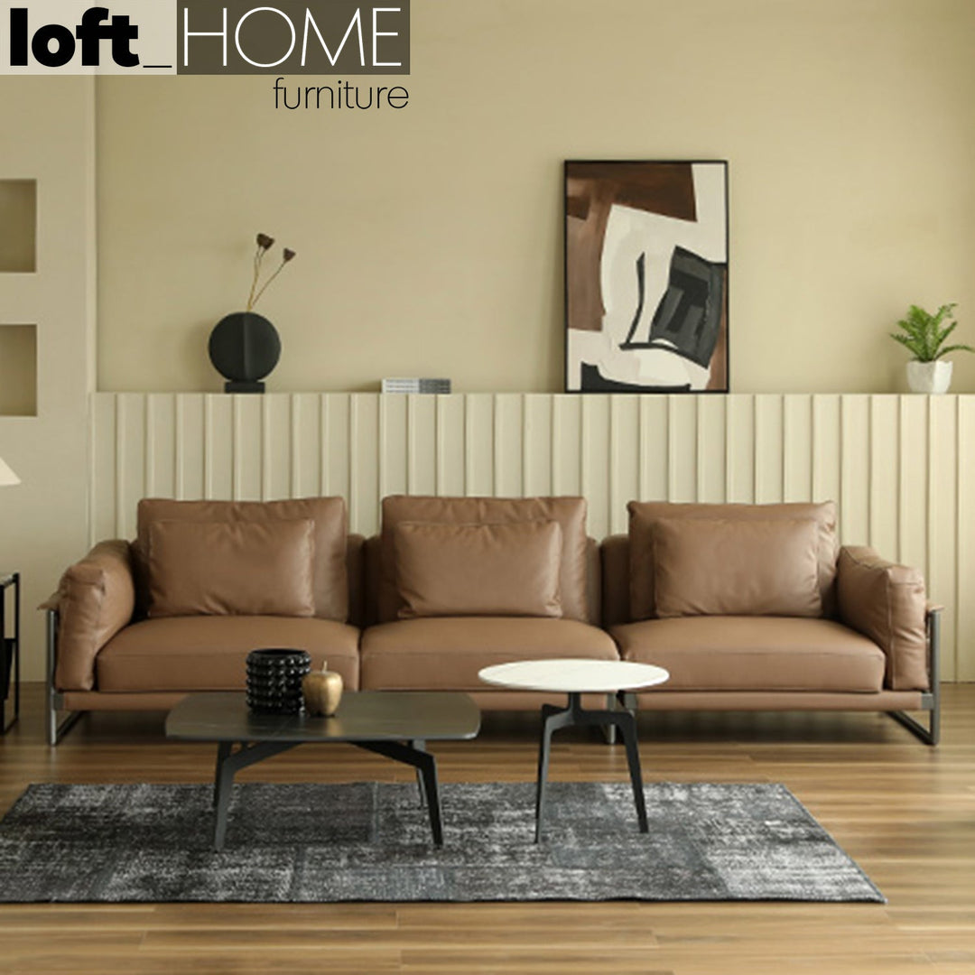 Modern genuine leather 4 seater sofa tara in panoramic view.