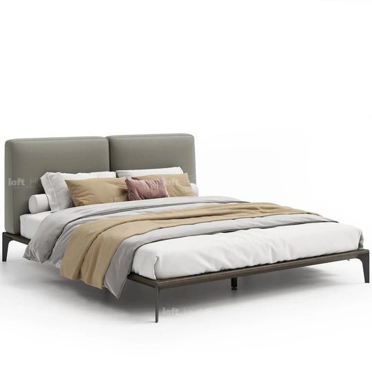 Minimalist genuine leather bed armelle in white background.