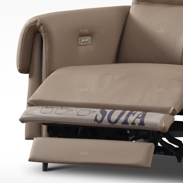 Modern genuine leather electric recliner 1 seater sofa cheers in close up details.