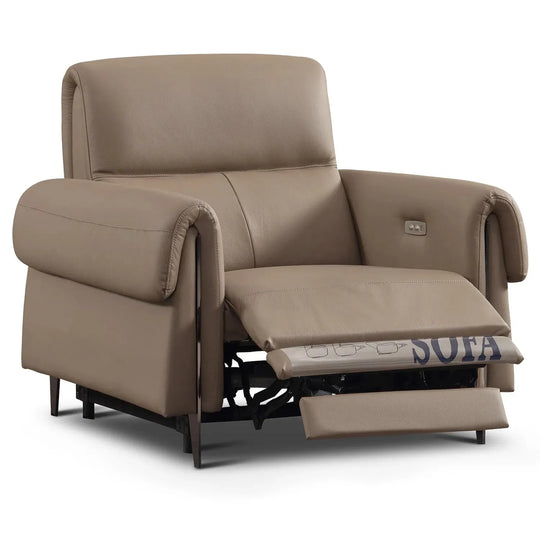 Modern genuine leather electric recliner 1 seater sofa cheers in white background.