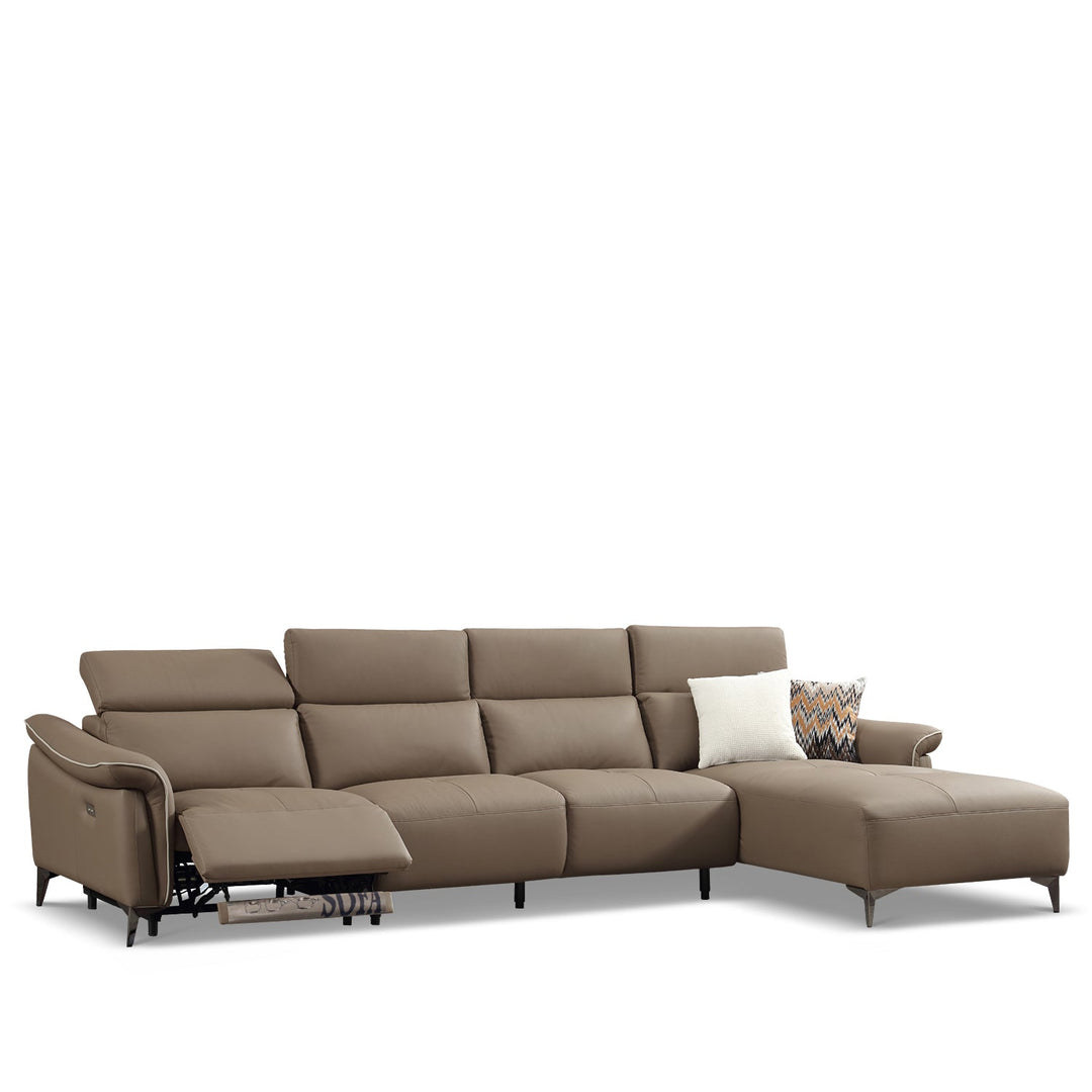 Modern genuine leather electric recliner l shape sectional sofa zeus 3+l in white background.