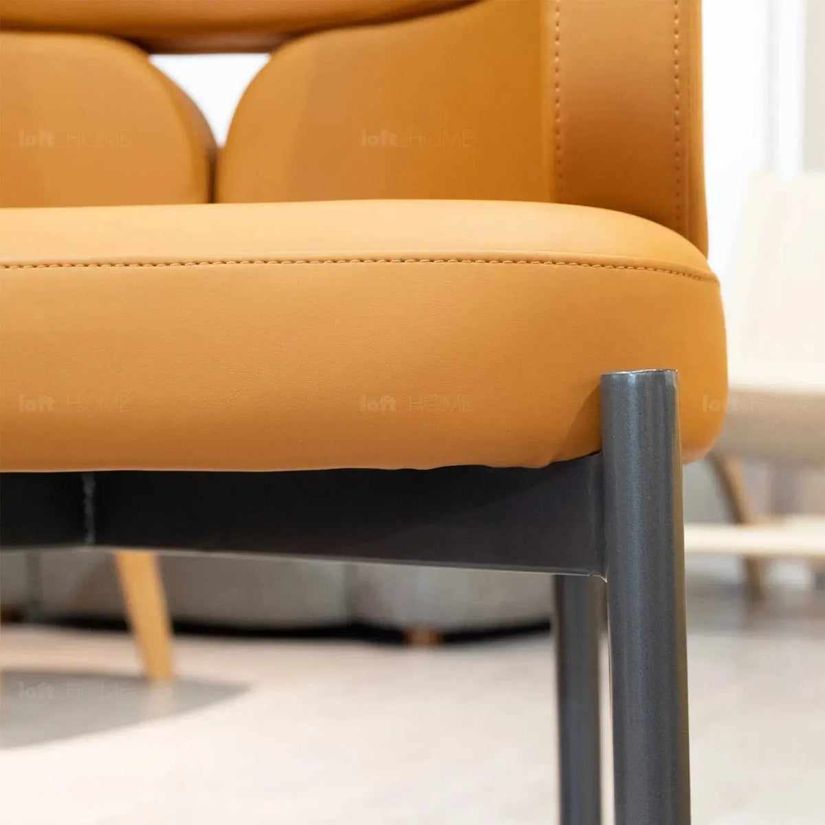 Modern fabric and leather dining chair metal man n19 in panoramic view.