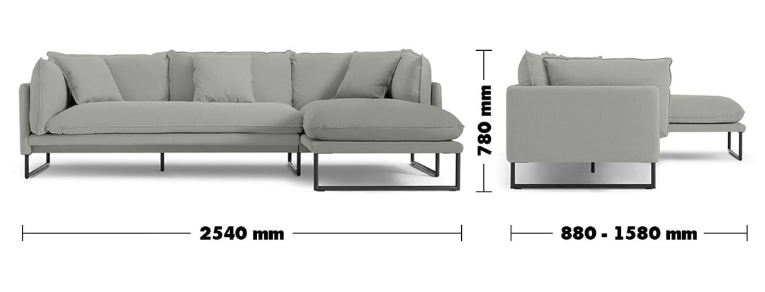 Modern linen l shape sectional sofa malini 2+l size charts.