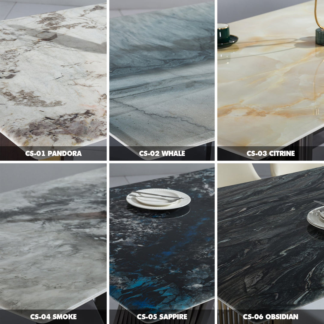 Modern luxury stone dining table luxor lux color swatches.