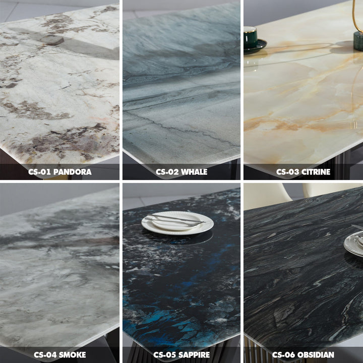 Modern luxury stone dining table spiral lux color swatches.