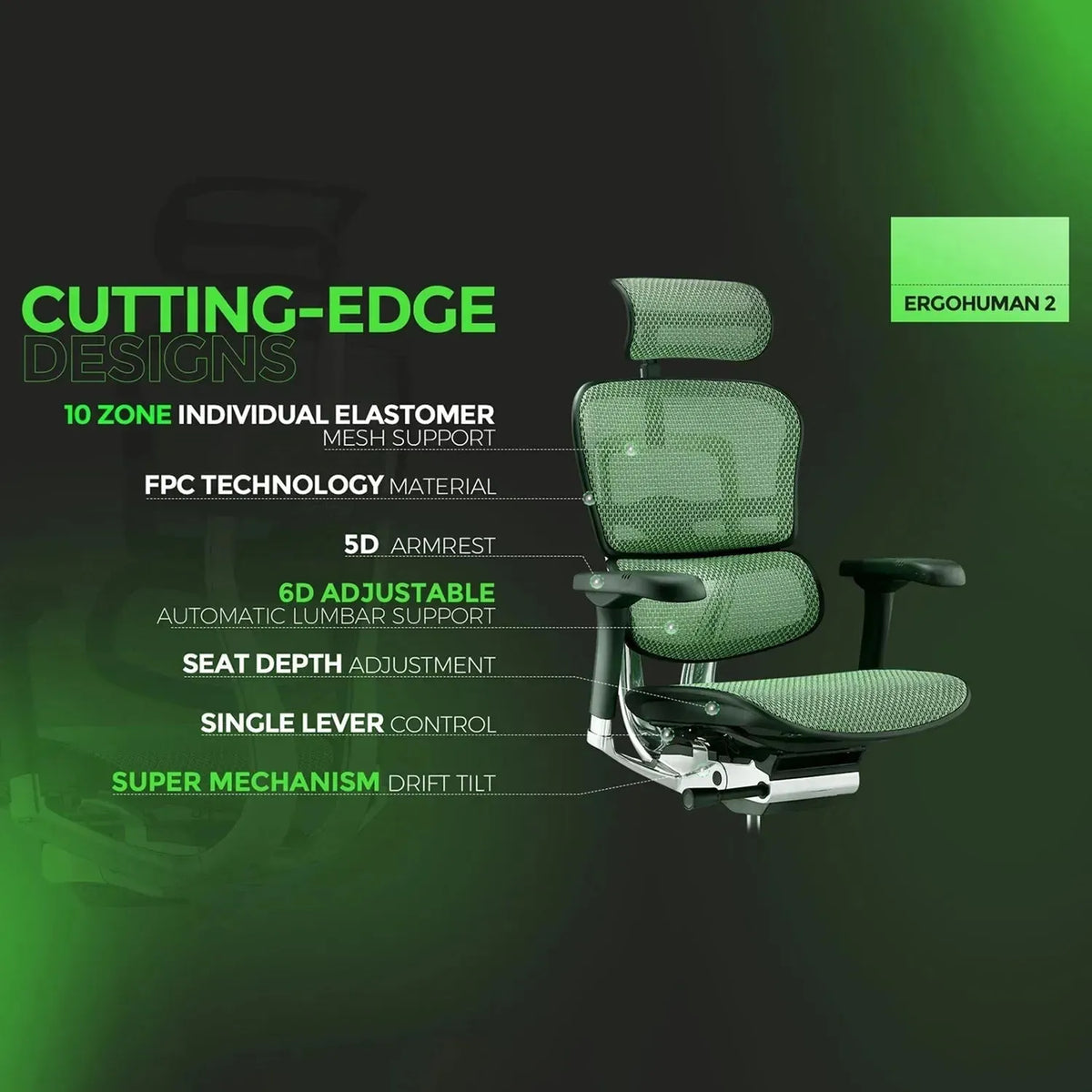 Modern mesh ergonomic office chair black frame with legrest ergohuman e2 material variants.