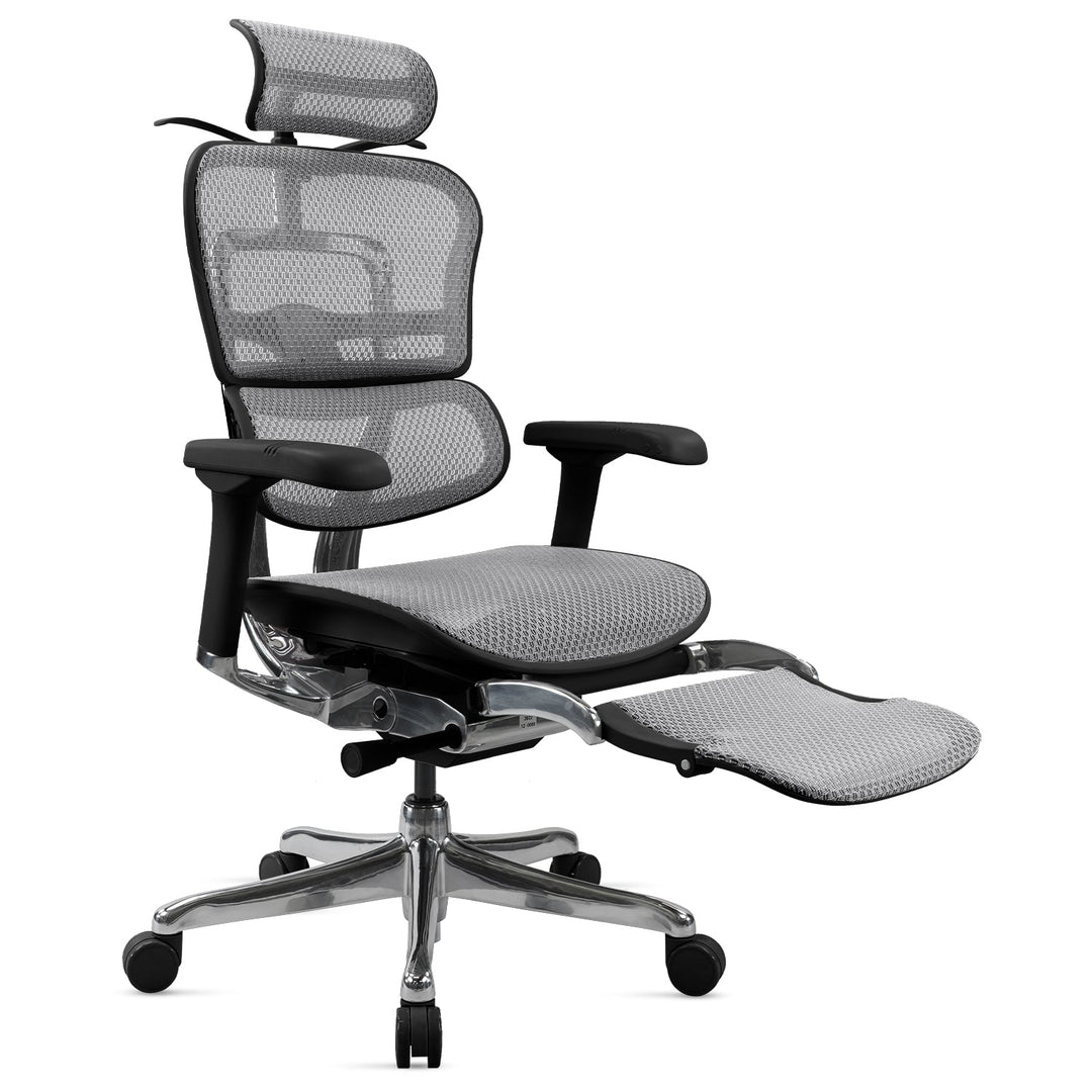 Modern mesh ergonomic office chair black frame with legrest ergohuman e2 in white background.