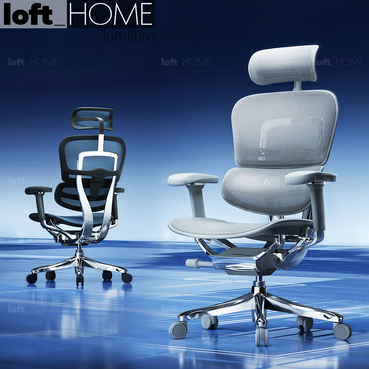 Modern mesh  ergonomic office chair grey frame with legrest ergohuman e2 primary product view.