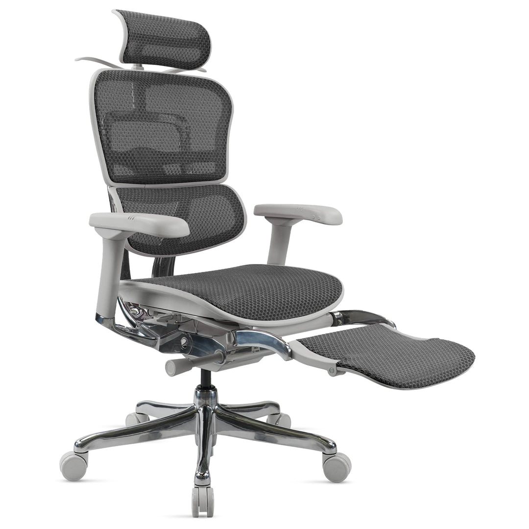 Modern mesh  ergonomic office chair grey frame with legrest ergohuman e2 conceptual design.