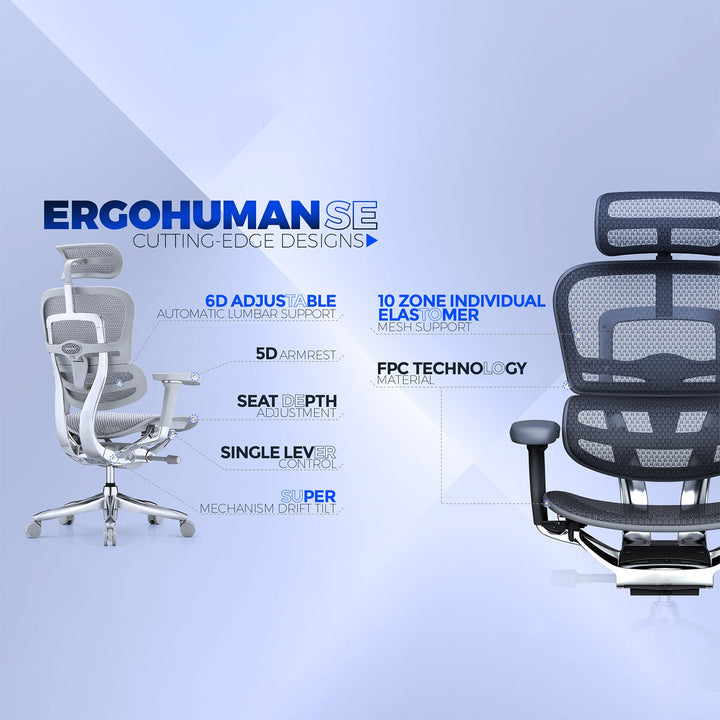 Modern mesh  ergonomic office chair grey frame with legrest ergohuman e2 in real life style.