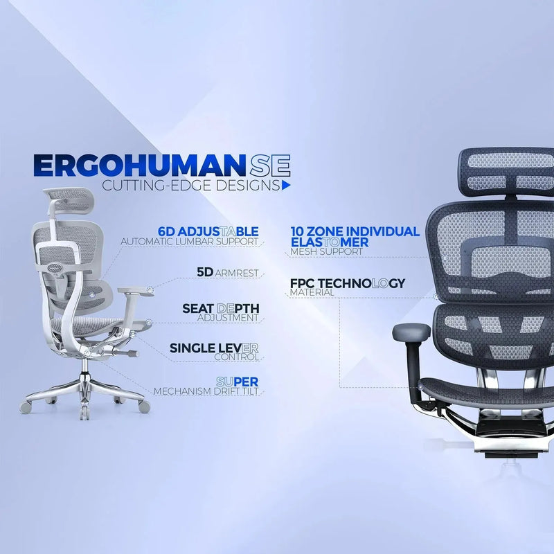 Modern mesh  ergonomic office chair grey frame with legrest ergohuman e2 material variants.