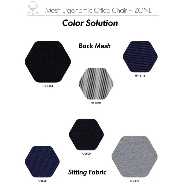 Modern mesh ergonomic office chair zone color swatches.