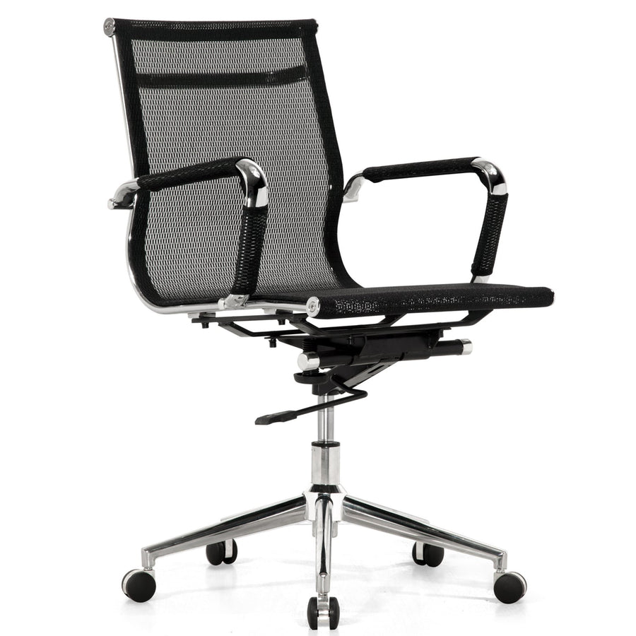 Modern mesh office chair ives low in white background.